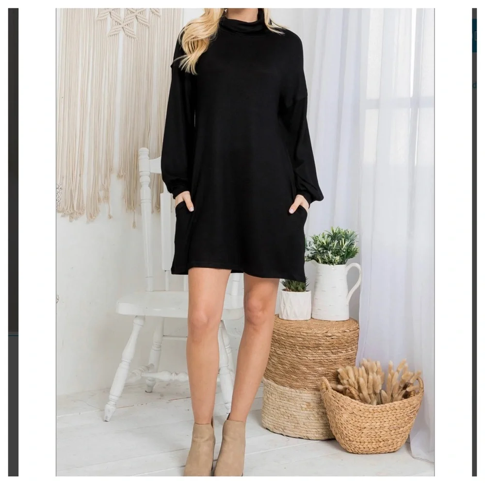 LAST ONE Boho Chic Black Cowl Neck cuff Sleeve Side pocket knit Dress - Picture 7 of 9